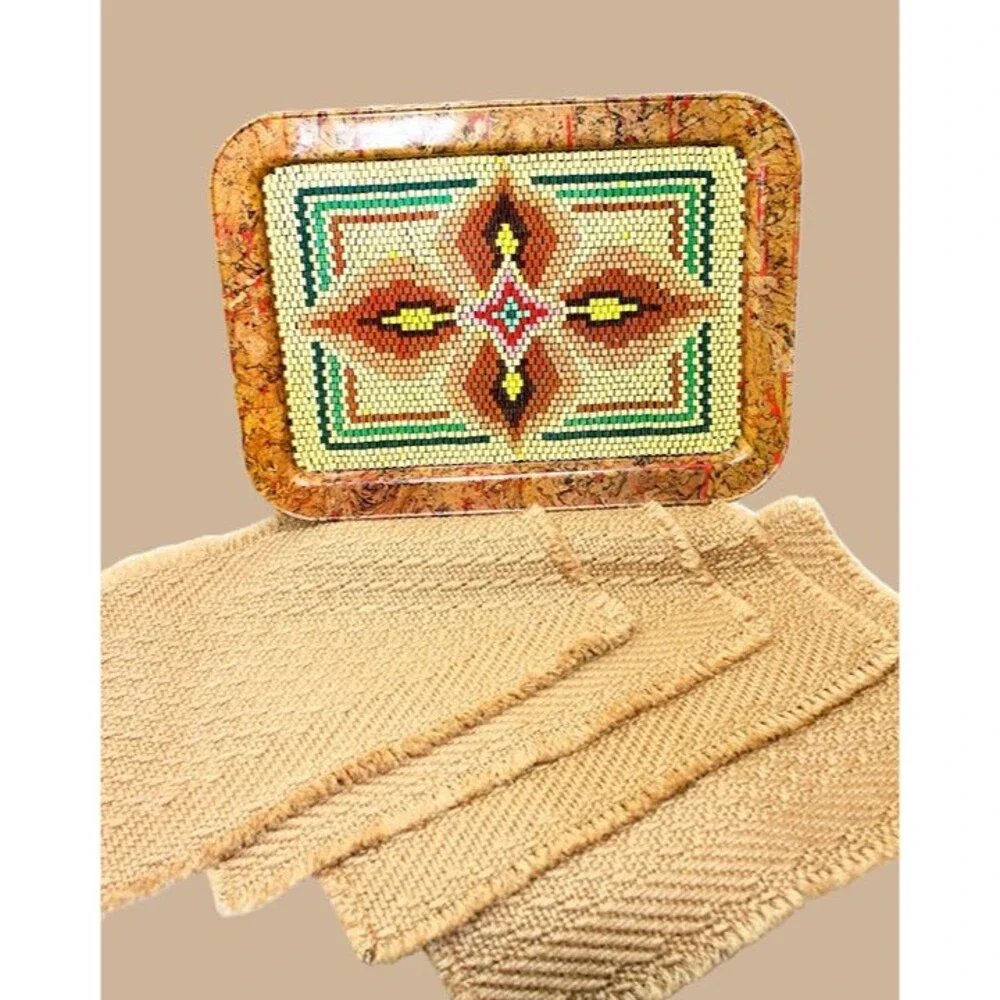 VTG 70's Metal TV Dinner Lap Tray~70's Bead Design PLUS 4 VTG Polyester Mats EUC